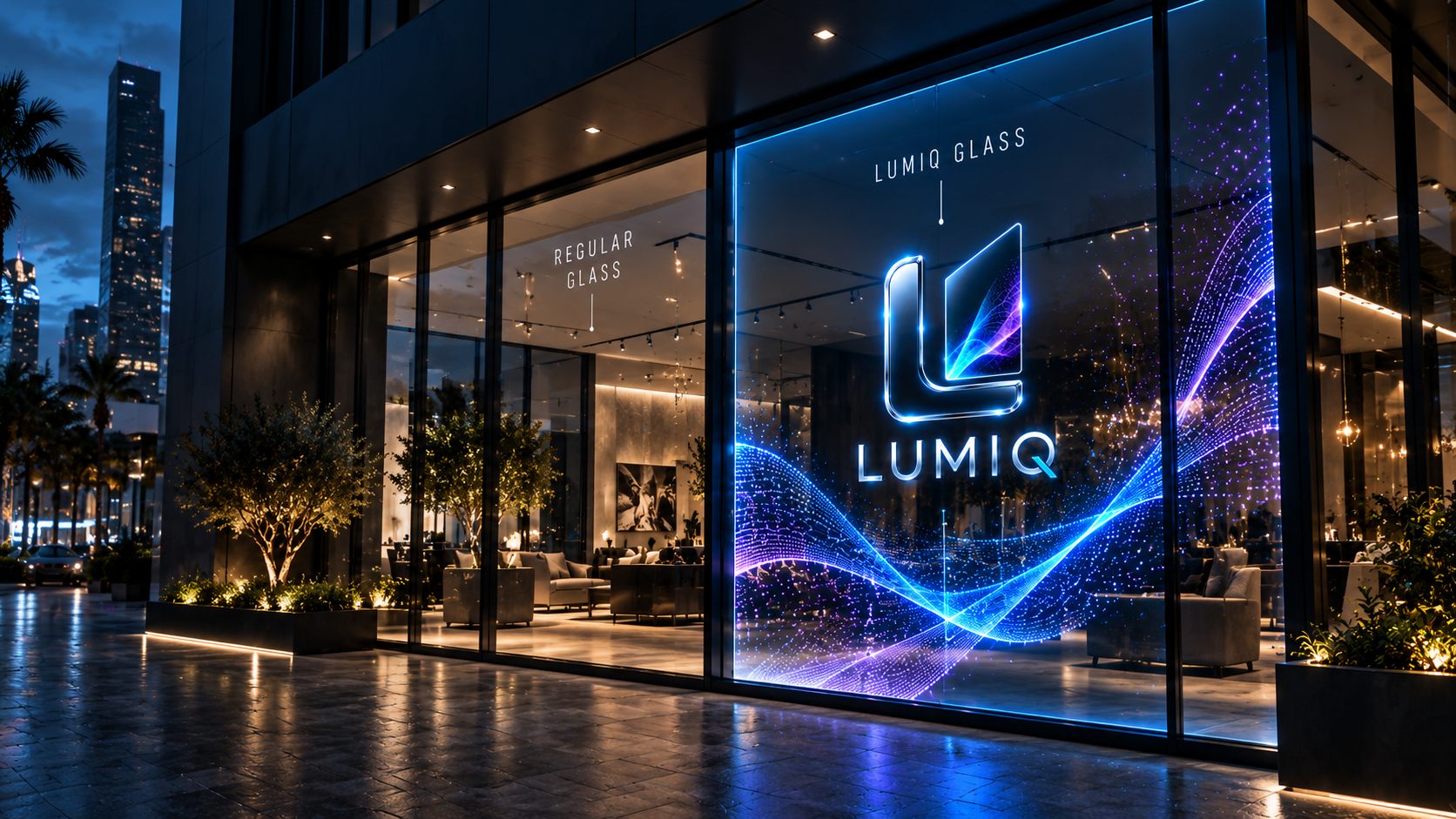A luxury commercial storefront at night with the illuminated LUMIQ glass panel glowing in the window and a city skyline behind it